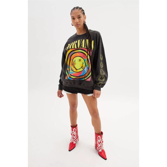 Urban Outfitters Women's X Nirvana Smile Overdyed Oversize Crew Neck Sweatshirt - Picture 1 of 5